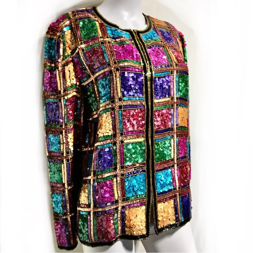 Laurence Kazar Vintage Vibrant Sequin Plaid Jacket - Picture 4 of 11